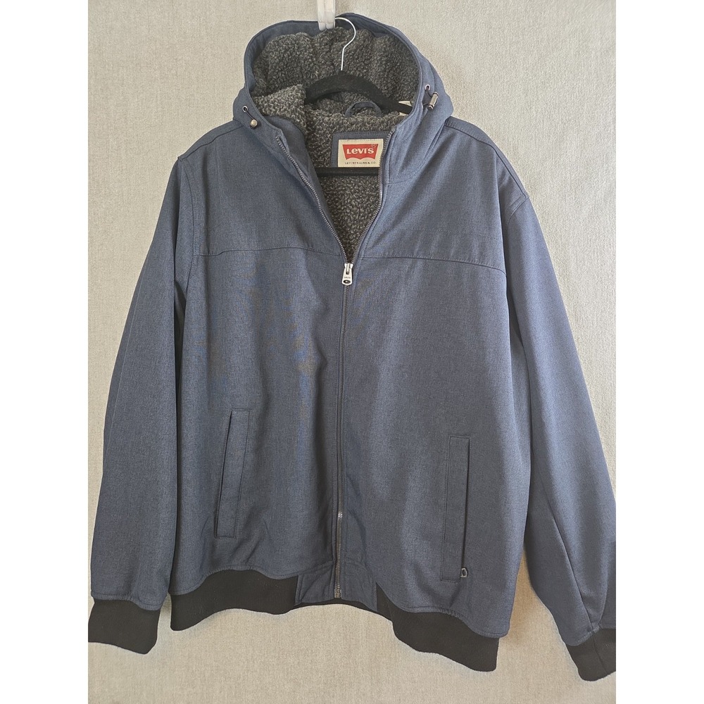 Levis Trucker Jacket 2XL Sherpa Fleece Lined Blue Hooded Zip Parka Bomber Retro